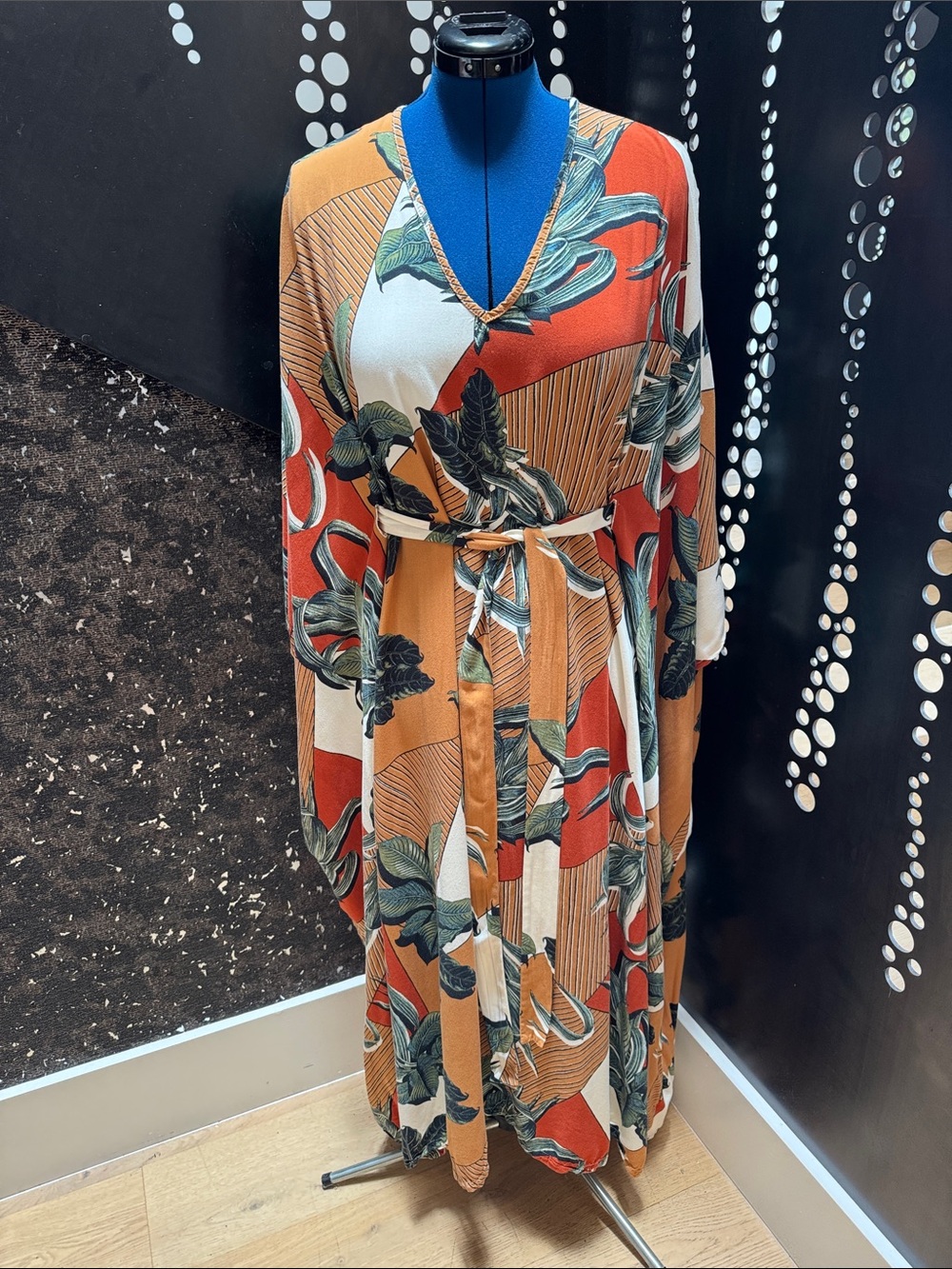 Women’s Orange Floral Maxi Dress with Tie Waist